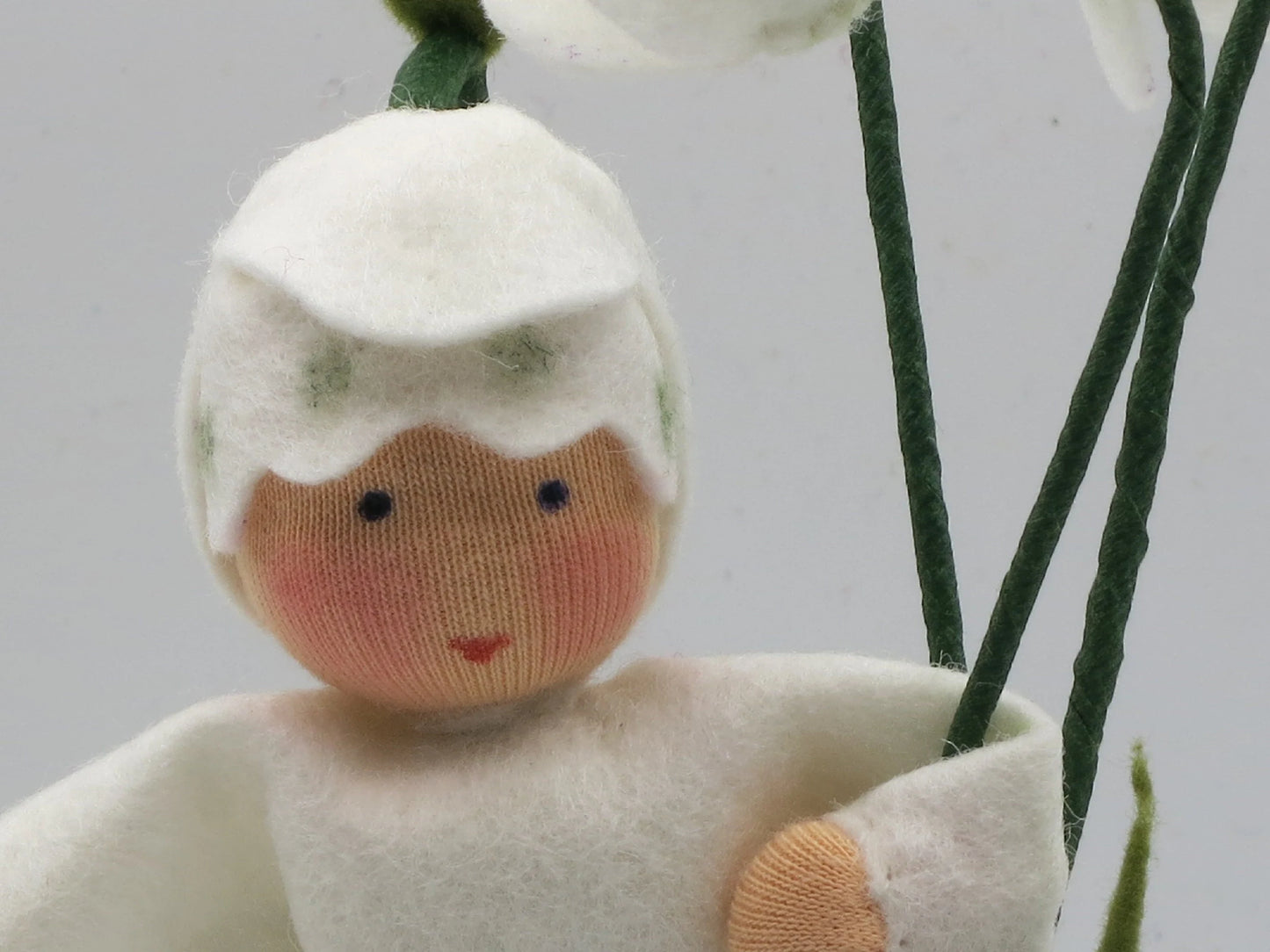 Schneeglöckchen-Junge Blumenkind, Nahaufnahme Gesicht mit weißer Blütenhaube – Jahreszeitentisch, Art. WI22