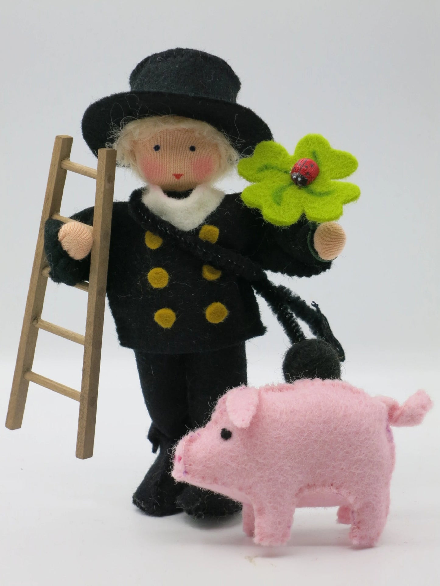 Schornsteinfeger Blumenkind neben dem Glückschwein-Blumenkind als Silvester-Duo, Art. WI34