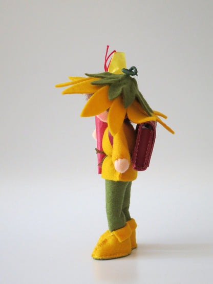 Seitenansicht des Schuljungen mit Sonnenblumen-Kapuze, Schulranzen und Schultüte