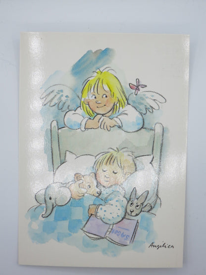 Waldorf Postkarte Schutzengel von Angelica Serrano-Punell mit Engel und schlafendem Kind mit Kuscheltieren