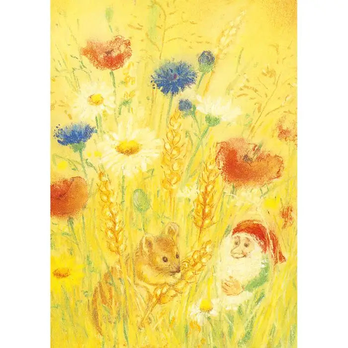 Waldorf Postkarte Sommerzwerg von Marjan van Zeyl – Wichtel und Maus im Kornfeld mit Mohn
