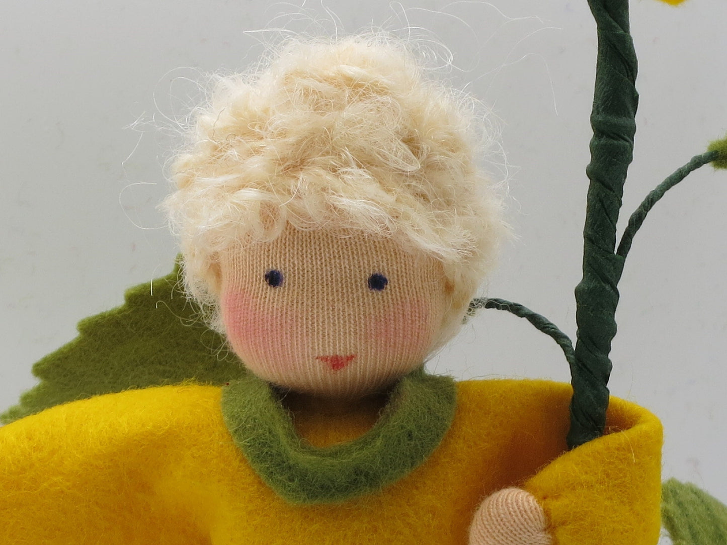 Nahaufnahme des Gesichts vom Sonnenblumen-Jungen mit blondem Lockenhaar.