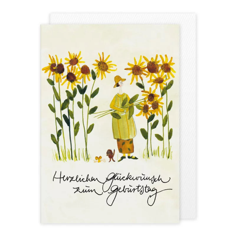 Geburtstagskarte mit Frau im gelben Kleid zwischen Sonnenblumen und kleinem Hund – Herzlichen Glückwunsch zum Geburtstag GK19