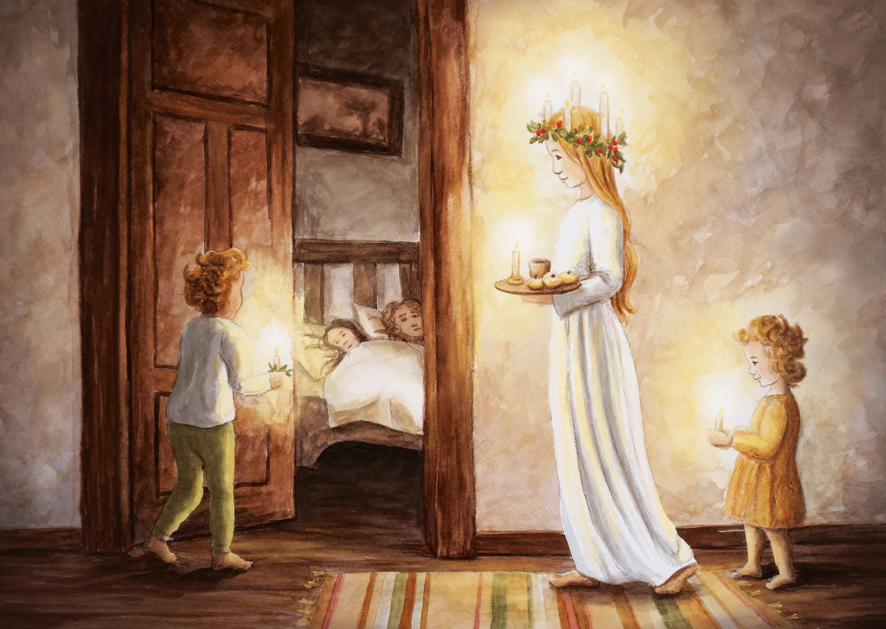 Kunstpostkarte St. Lucia von Raphaela Berendt – Mädchen mit Kerzenkrone, Luciafest, PKWI48