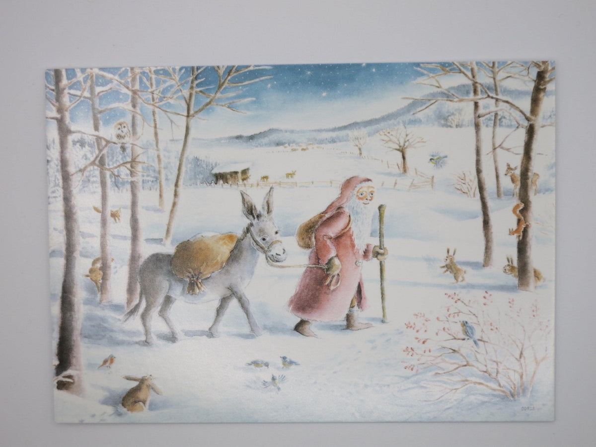 Kunstpostkarte St. Nikolaus und der Esel von Dorle Schausbreitner – Nikolaus im Winterwald mit Tieren, PKWI114