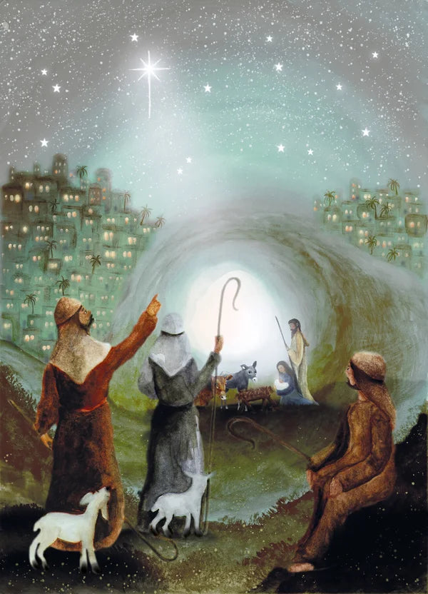 Postkarte Stern von Bethlehem von Bijdehansje – Hirten vor der Krippenhöhle, PKWI226
