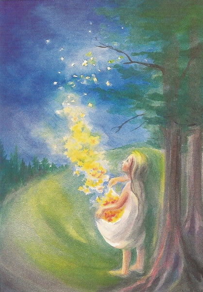 Postkarte Sterntaler von Margret von Borstel: Maedchen faengt goldene Sterne in der Schuerze