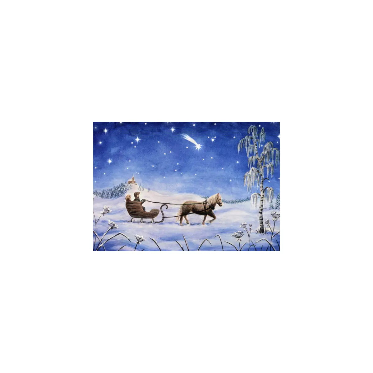 Stille Nacht Weihnachtspostkarte – Kinder im Pferdeschlitten unter Sternschnuppe, Raphaela Berendt, Jahreszeitentisch