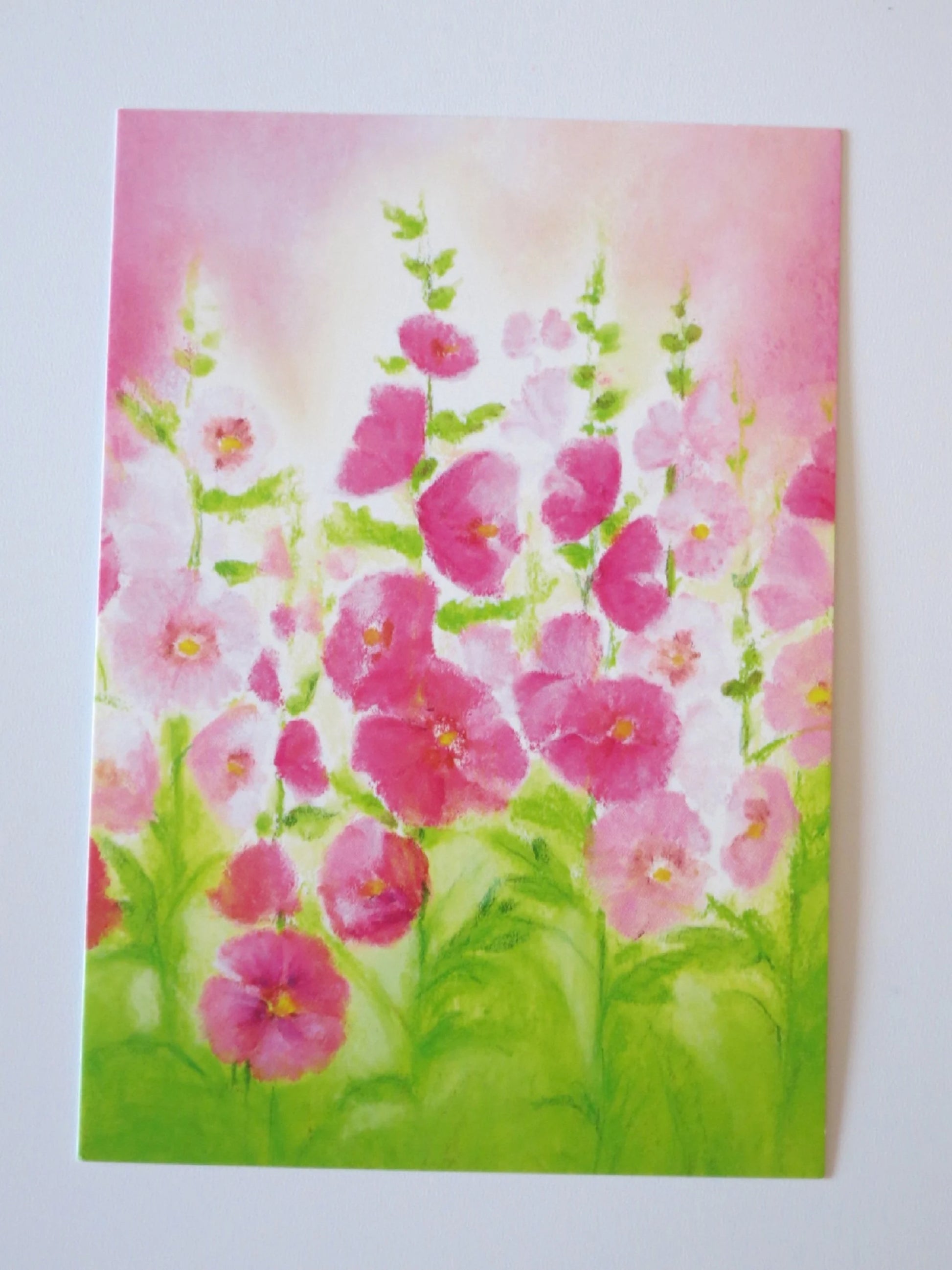 Postkarte Stockrosen – hohe Bluetenstaende in Rosa und Pink, Aquarell von Baukje Exler