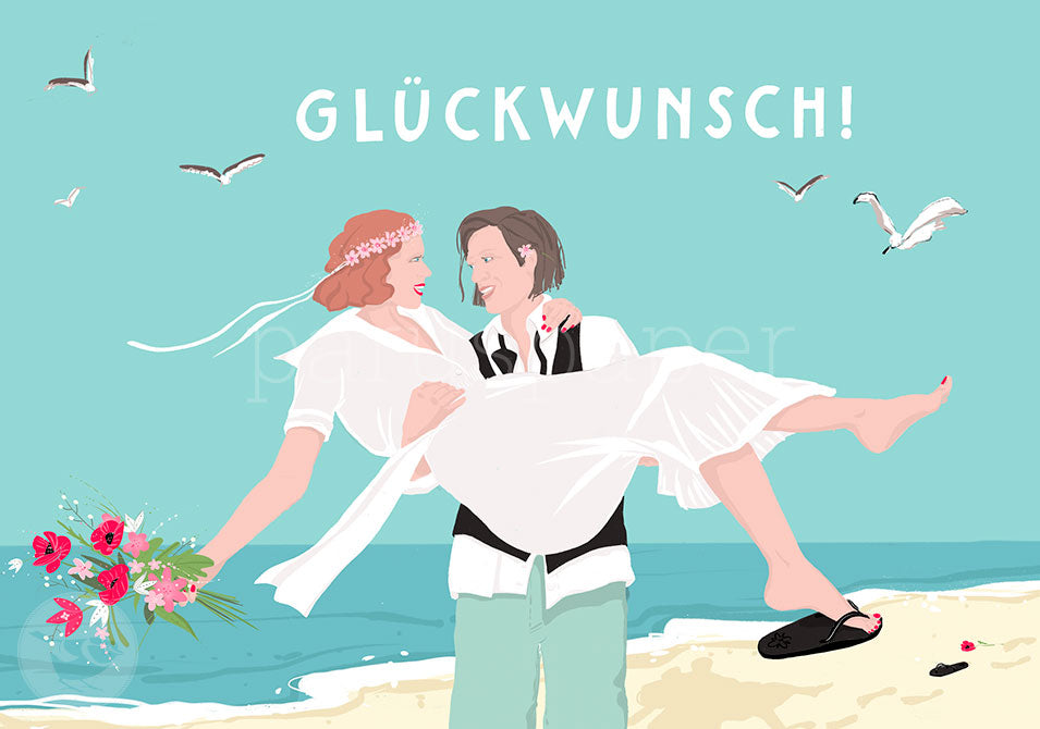 Postkarte Glückwunsch Strandhochzeit: Bräutigam trägt Braut am Strand – PKGR76