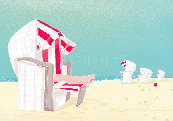 Postkarte Strandkorb am Meer mit ausgestreckten Beinen – PKGR52
