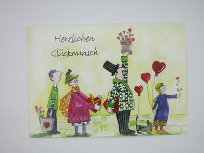 Postkarte mit vier Gratulanten in einer verspielten Straßenszene mit Herzballons – Herzlichen Glückwunsch PKGR6