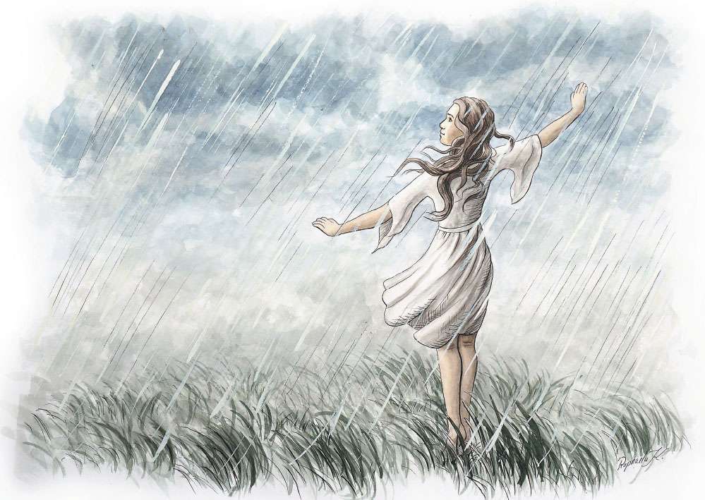 Postkarte Tanz im Regen von Raphaela Berendt: junge Frau tanzt barfuß im Sommerregen
