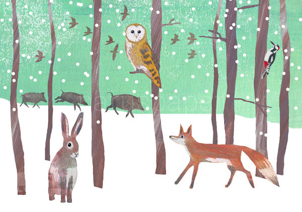 Postkarte Tiere im Winterwald von Maike Neuendorff, Schleiereule Fuchs Wildschwein und Hase im Schnee