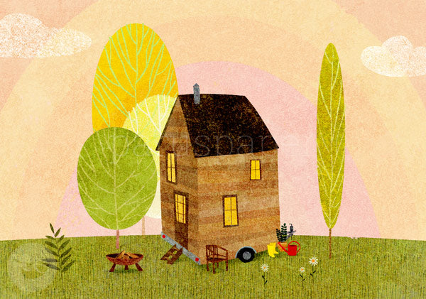 Postkarte Tiny House: kleines Holzhaus bei Sonnenuntergang – PKGR72