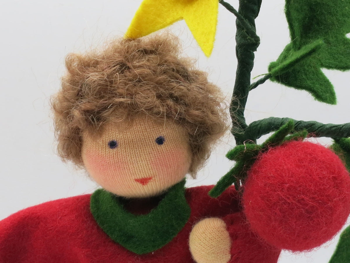 Porträt Tomaten-Junge mit lockigem Haar, Waldorf-Wollfilzfigur