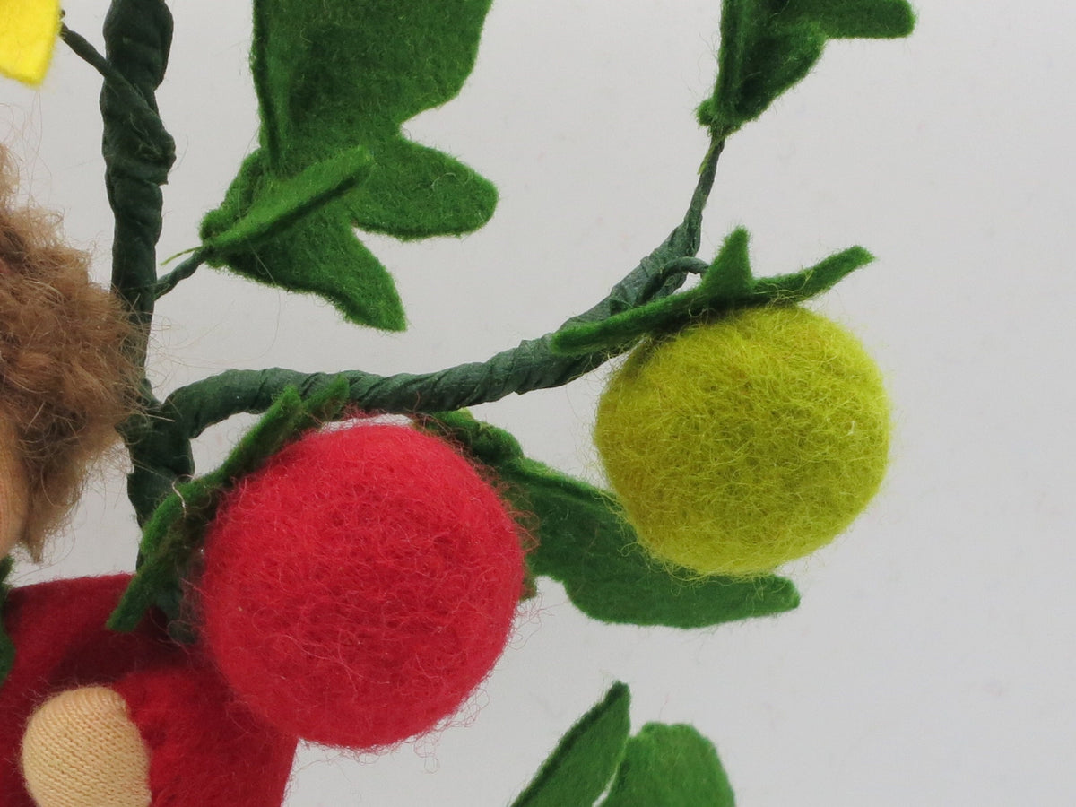 Detailaufnahme der roten und grünen Filztomaten am Waldorf-Blumenkind