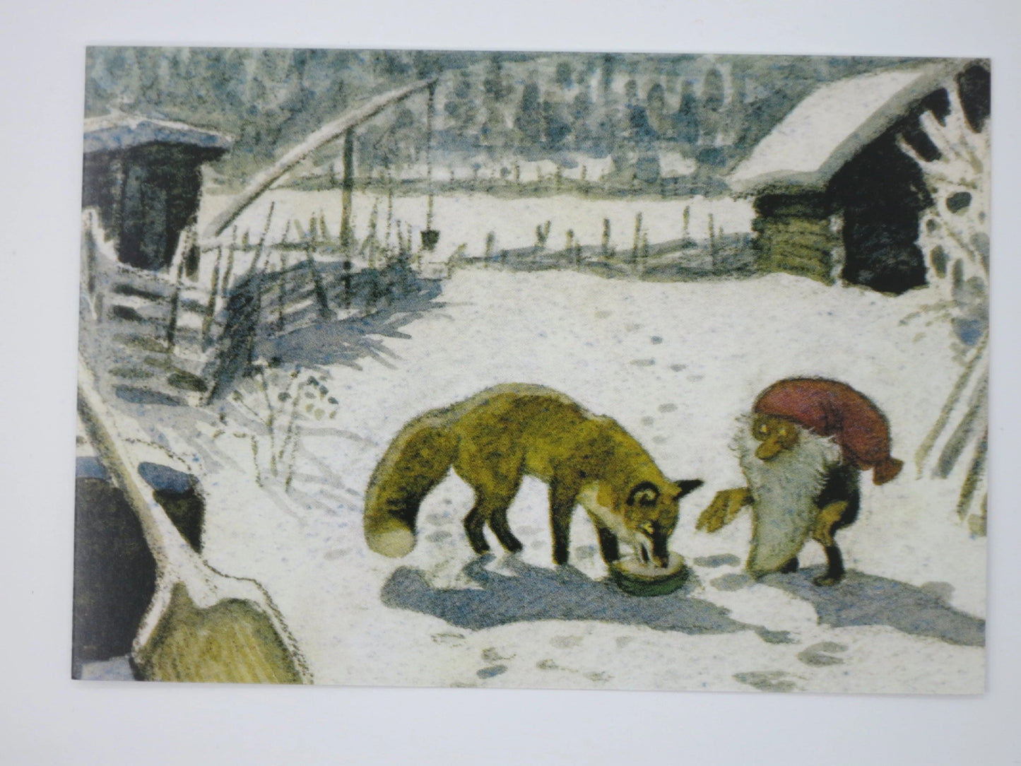 Wichtel-Postkarte Tomte füttert den Fuchs auf dem Hof, Harald Wiberg, skandinavische Weihnacht