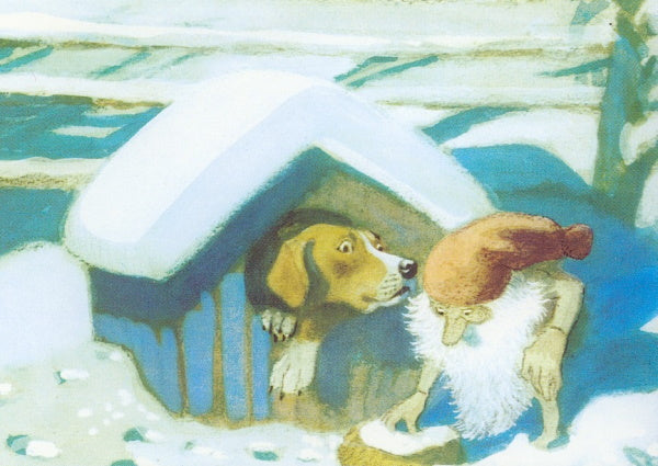 Wichtel-Postkarte Tomte mit Hund an der Hundehütte, Harald Wiberg, skandinavische Weihnacht