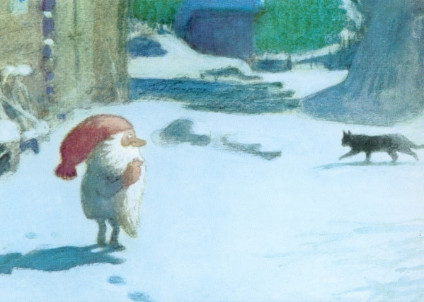 Wichtel-Postkarte Tomte Tummetot beobachtet Katze im Schnee, Harald Wiberg