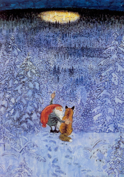 Wichtel-Postkarte Tomte und Fuchs im Winterwald, Harald Wiberg, skandinavische Weihnacht