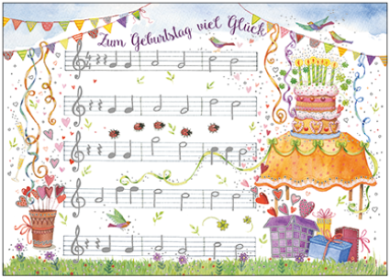 Geburtstags-Postkarte mit mehrstöckiger Torte, Notenlinien und Geschenken – Zum Geburtstag viel Glück PKGR33