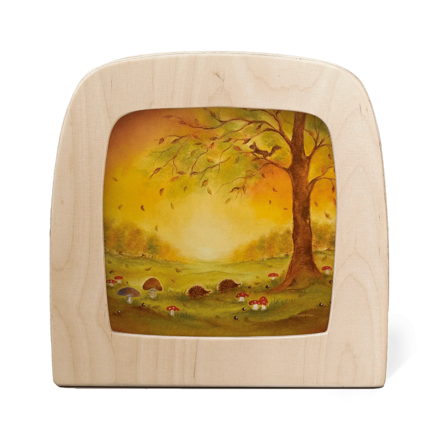Toverlux Lampe aus Holz mit LED-Nachtlicht, beleuchtetes Herbstmotiv mit Baum, Eichhörnchen, Igeln und Pilzen