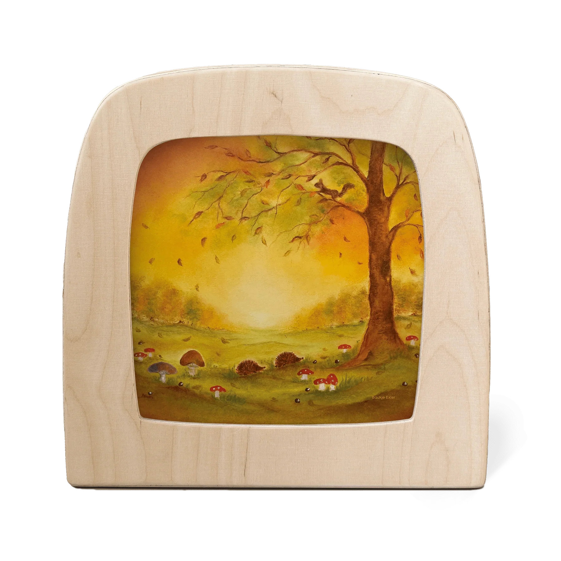 Toverlux Lampe aus Holz mit LED-Nachtlicht, beleuchtetes Herbstmotiv mit Baum, Eichhörnchen, Igeln und Pilzen
