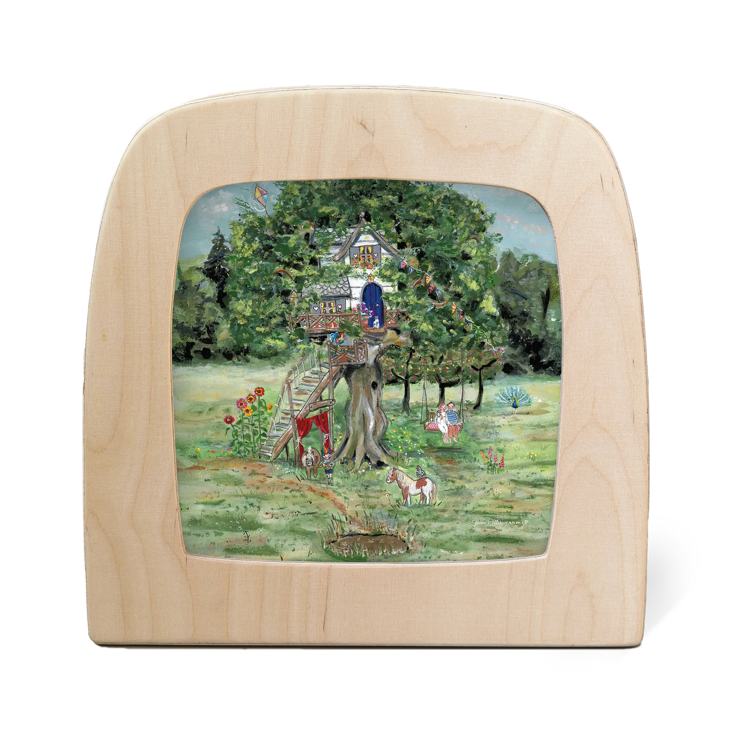 Toverlux Motiv Das Baumhaus – Silhouette mit Baumhaus, Schaukel und Ponys im Garten