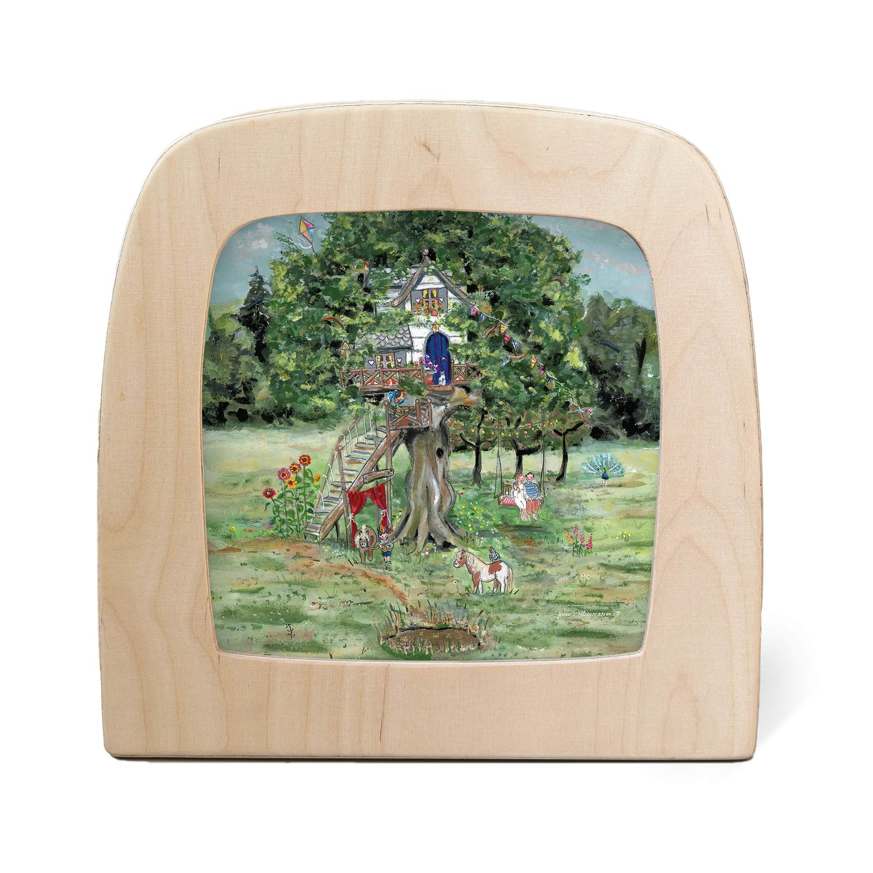 Toverlux Motiv Das Baumhaus – Silhouette mit Baumhaus, Schaukel und Ponys im Garten