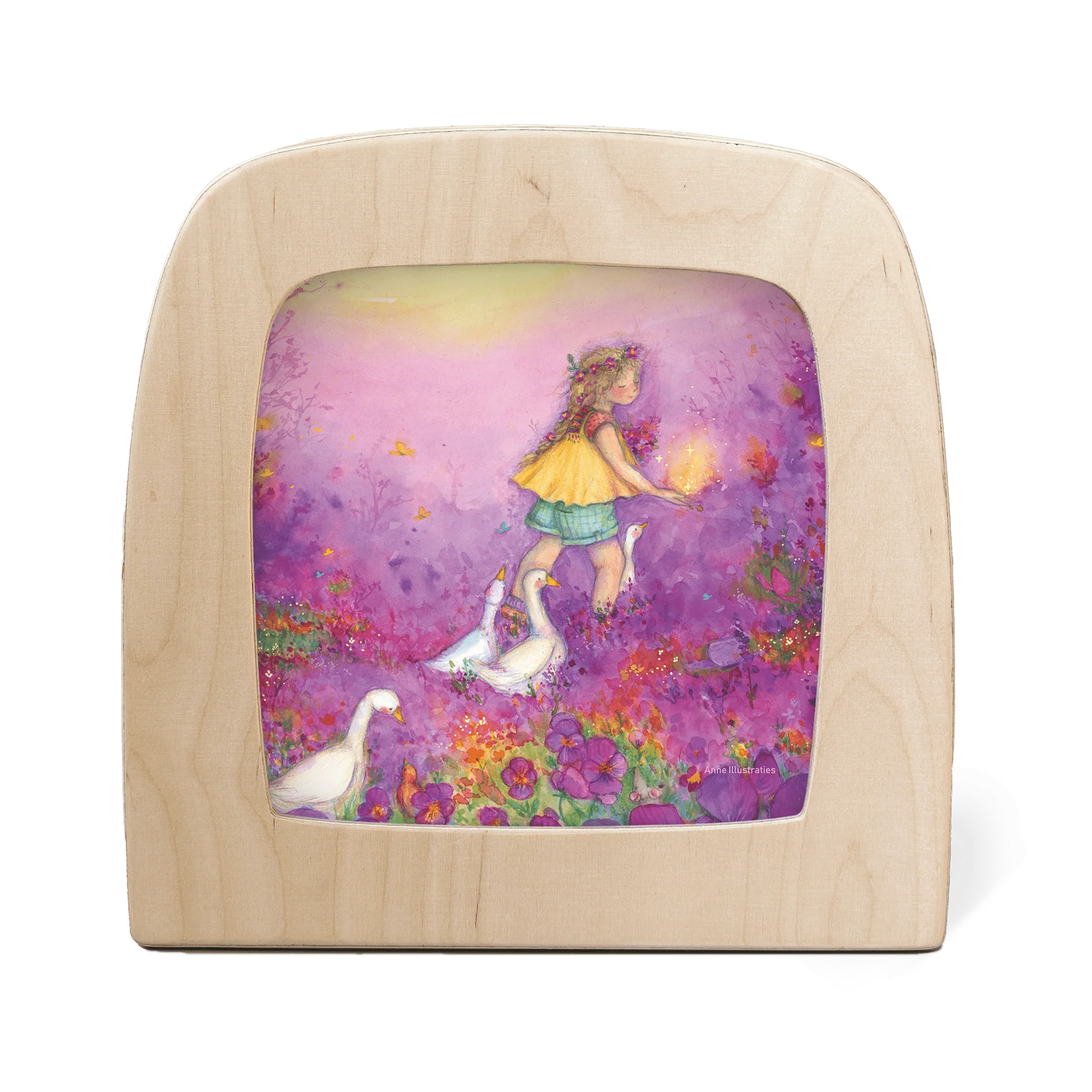 Toverlux Motiv Gänsemädchen – Silhouette mit Mädchen und vier Gänsen im Blumenfeld von Anne Illustraties