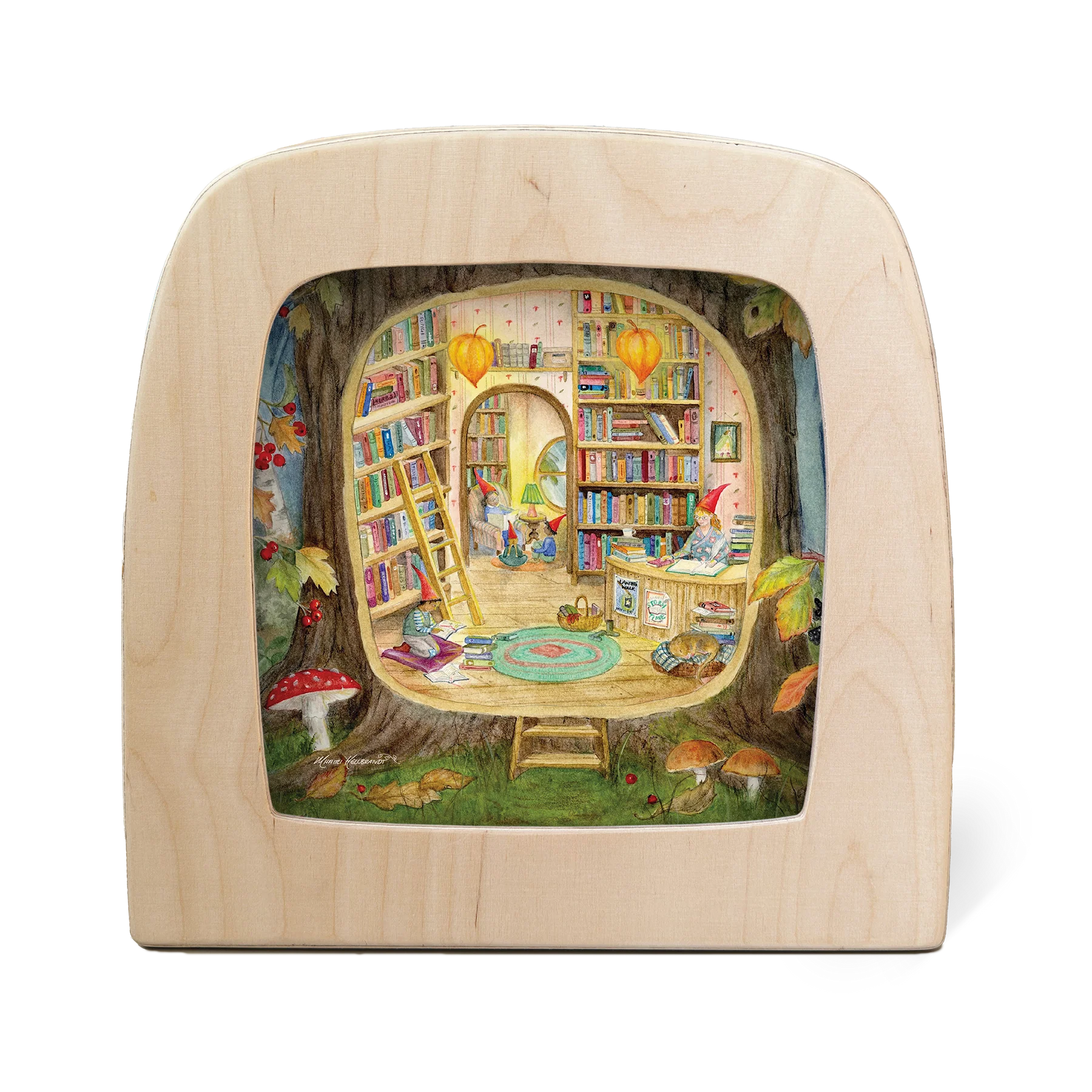 Toverlux Motiv geheime Bibliothek – Silhouette mit Baumhöhle, Zwergen und Büchern in Baumhöhle, Mhairi Hellbrandt