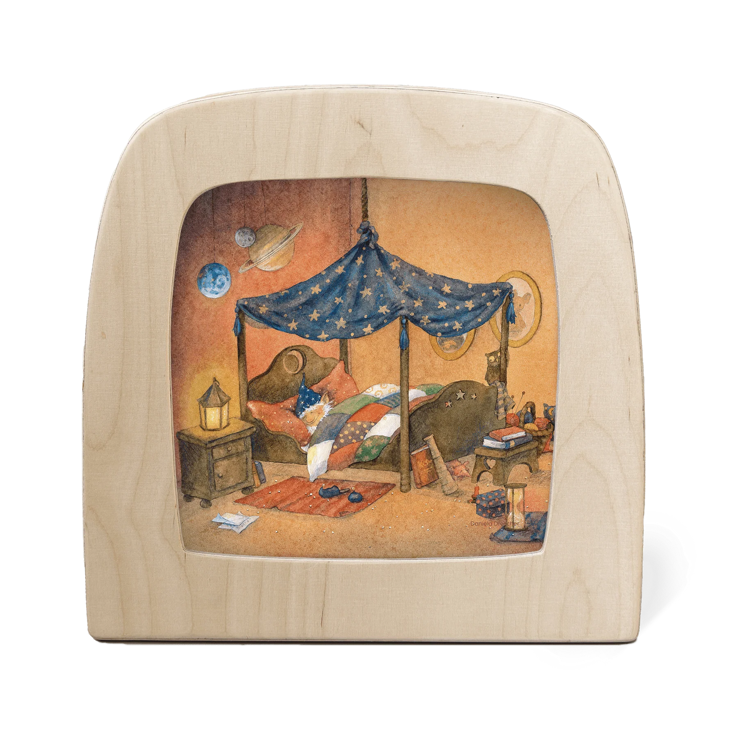 Toverlux Motiv Gute Nacht, Sandmännchen – Silhouette mit schlafender Figur im Sternenhimmelbett, Daniela Drescher