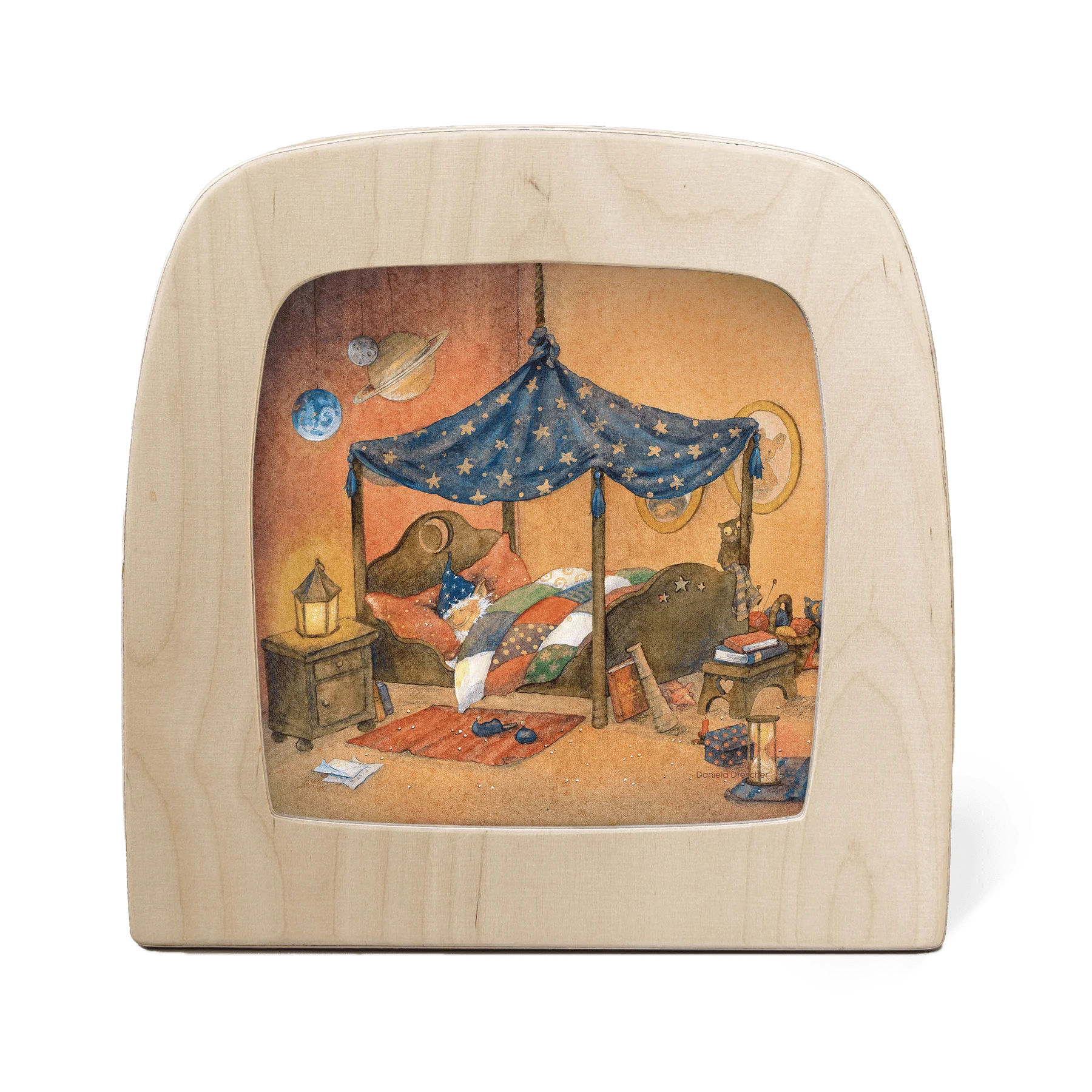 Toverlux Motiv Gute Nacht, Sandmännchen – Silhouette mit schlafender Figur im Sternenhimmelbett, Daniela Drescher
