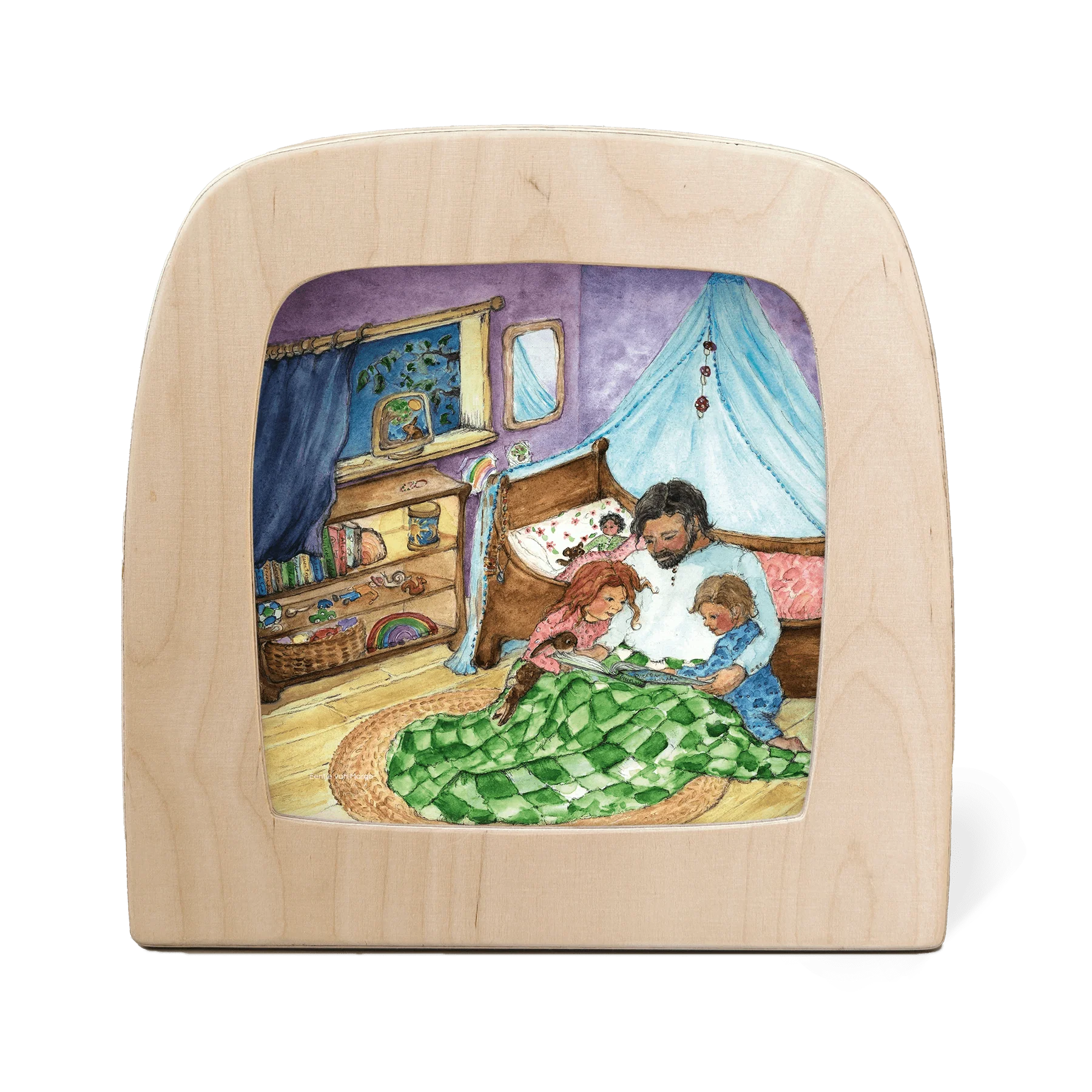 Toverlux Motiv Gutenachtgeschichte – Silhouette mit Vater und zwei Kindern beim Vorlesen im Himmelbett, Eentje van Margo