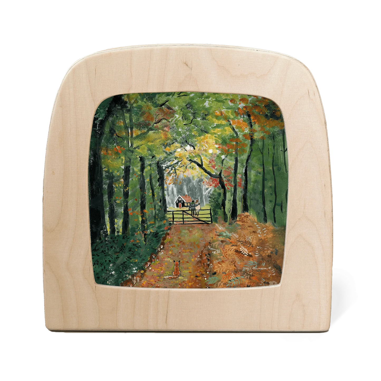 Toverlux Motiv Herbstspaziergang – Silhouette mit Waldweg zu einer Hütte und Fuchs am Wegesrand, Anne Illustraties