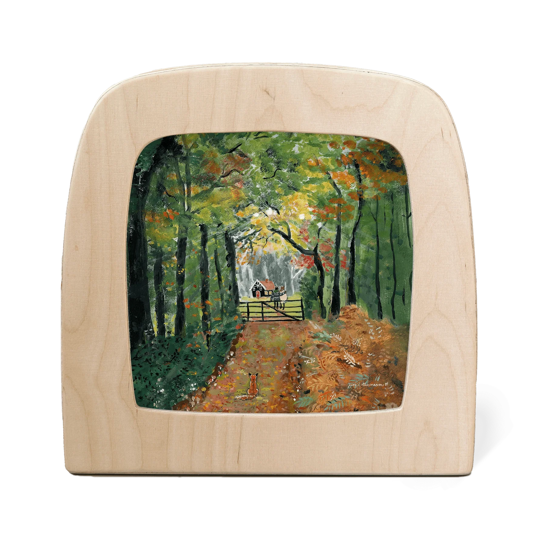 Toverlux Motiv Herbstspaziergang – Silhouette mit Waldweg zu einer Hütte und Fuchs am Wegesrand, Anne Illustraties