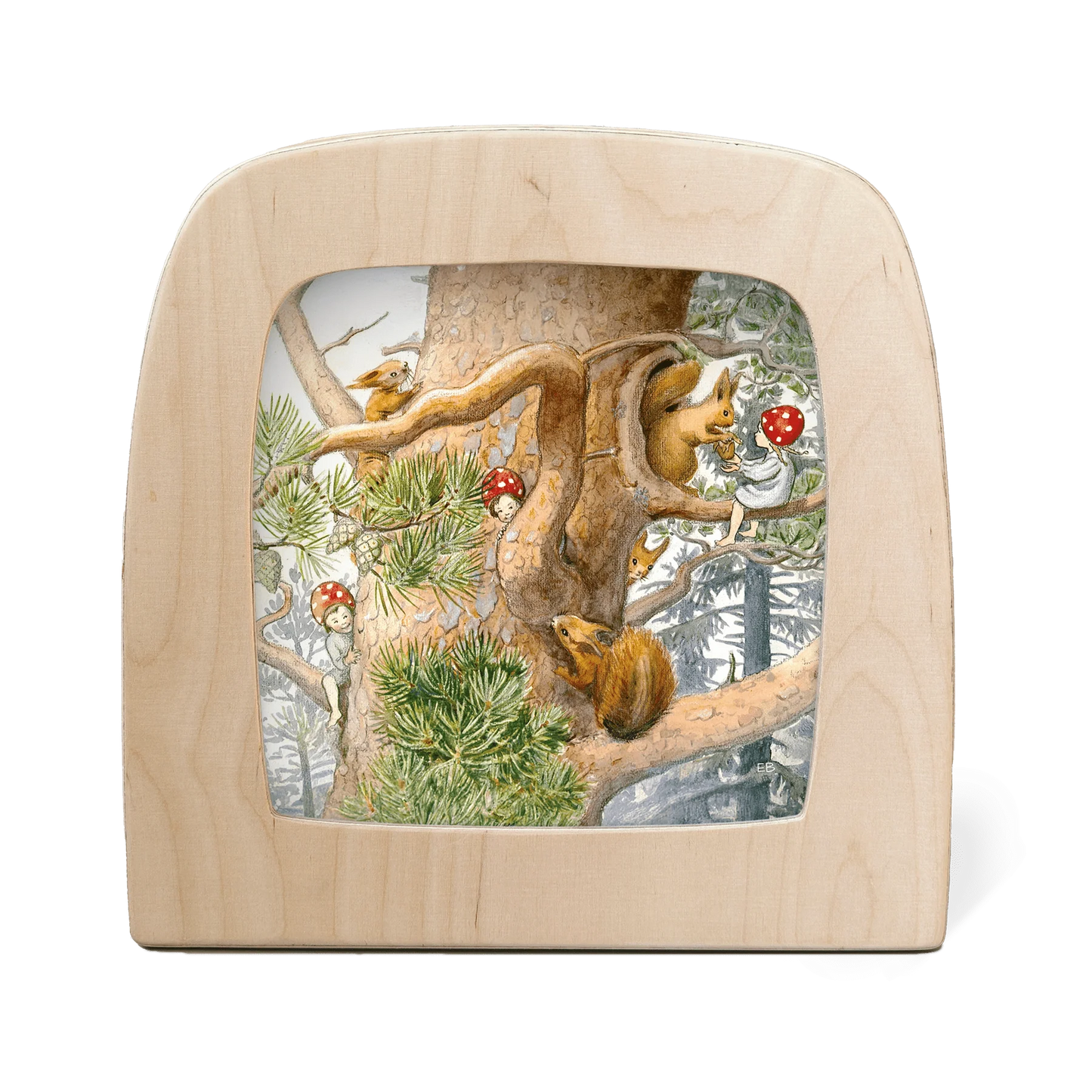Toverlux Motiv Kinder des Waldes – Silhouette mit Eichhörnchen und winzigen Pilzkindern im Baum, Elsa Beskow