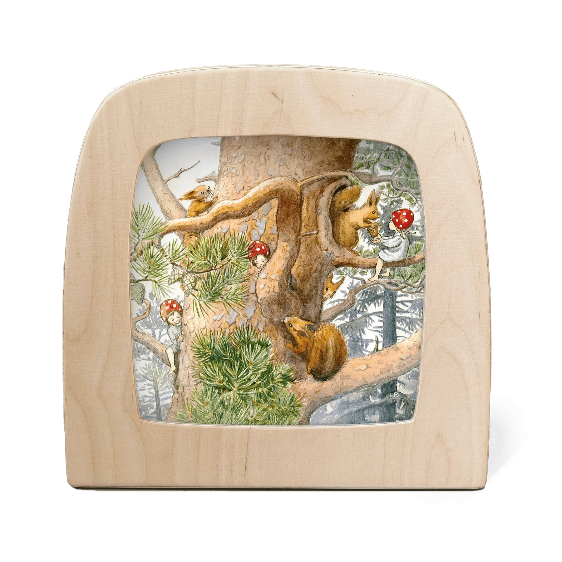 Toverlux Motiv Kinder des Waldes – Silhouette mit Eichhörnchen und winzigen Pilzkindern im Baum, Elsa Beskow