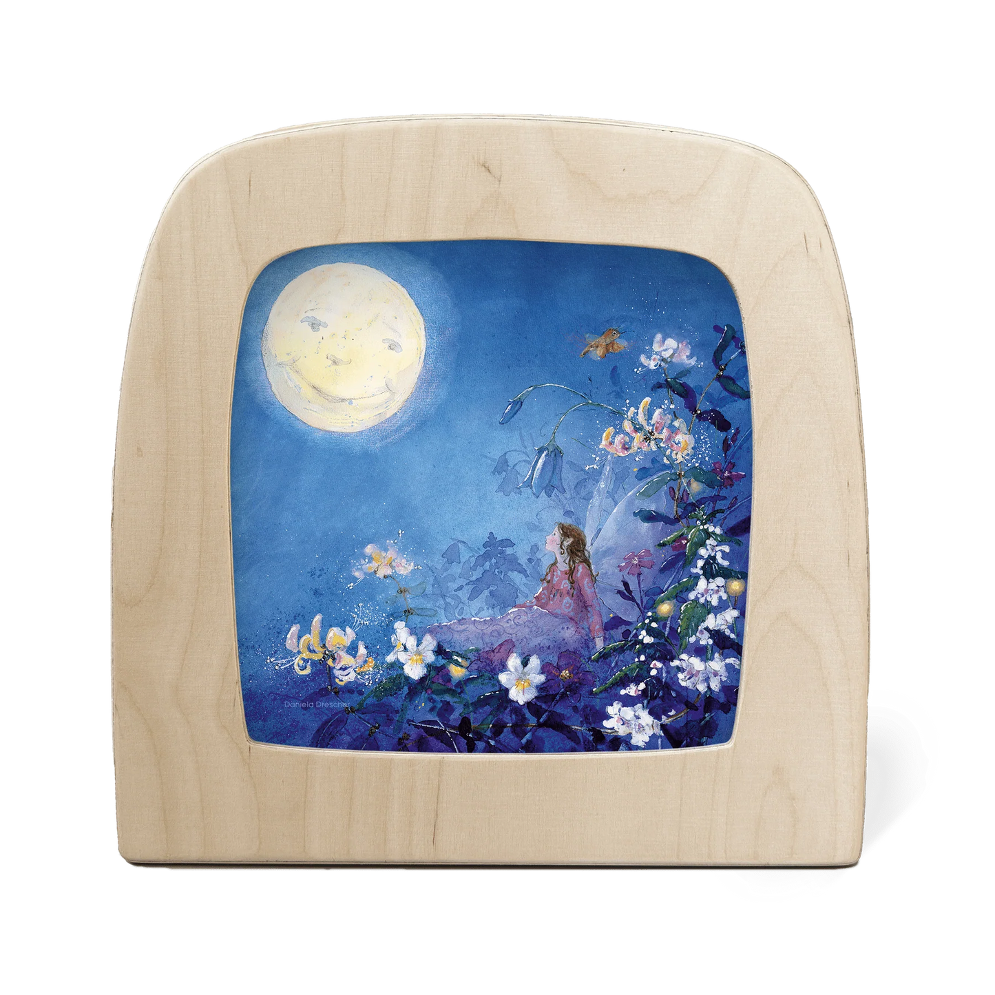 Toverlux Motiv Kleine Fee kann nicht schlafen, Mond – Silhouette mit Fee, Vollmond und Blumen von Daniela Drescher