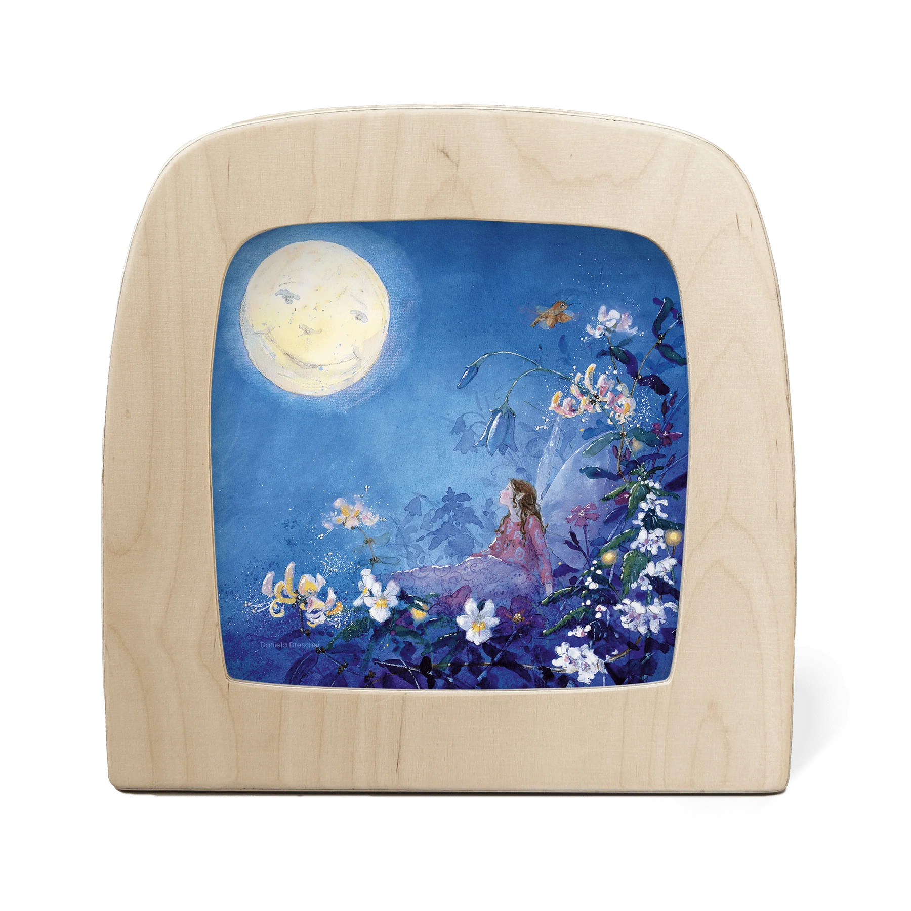 Toverlux Motiv Kleine Fee kann nicht schlafen, Mond – Silhouette mit Fee, Vollmond und Blumen von Daniela Drescher