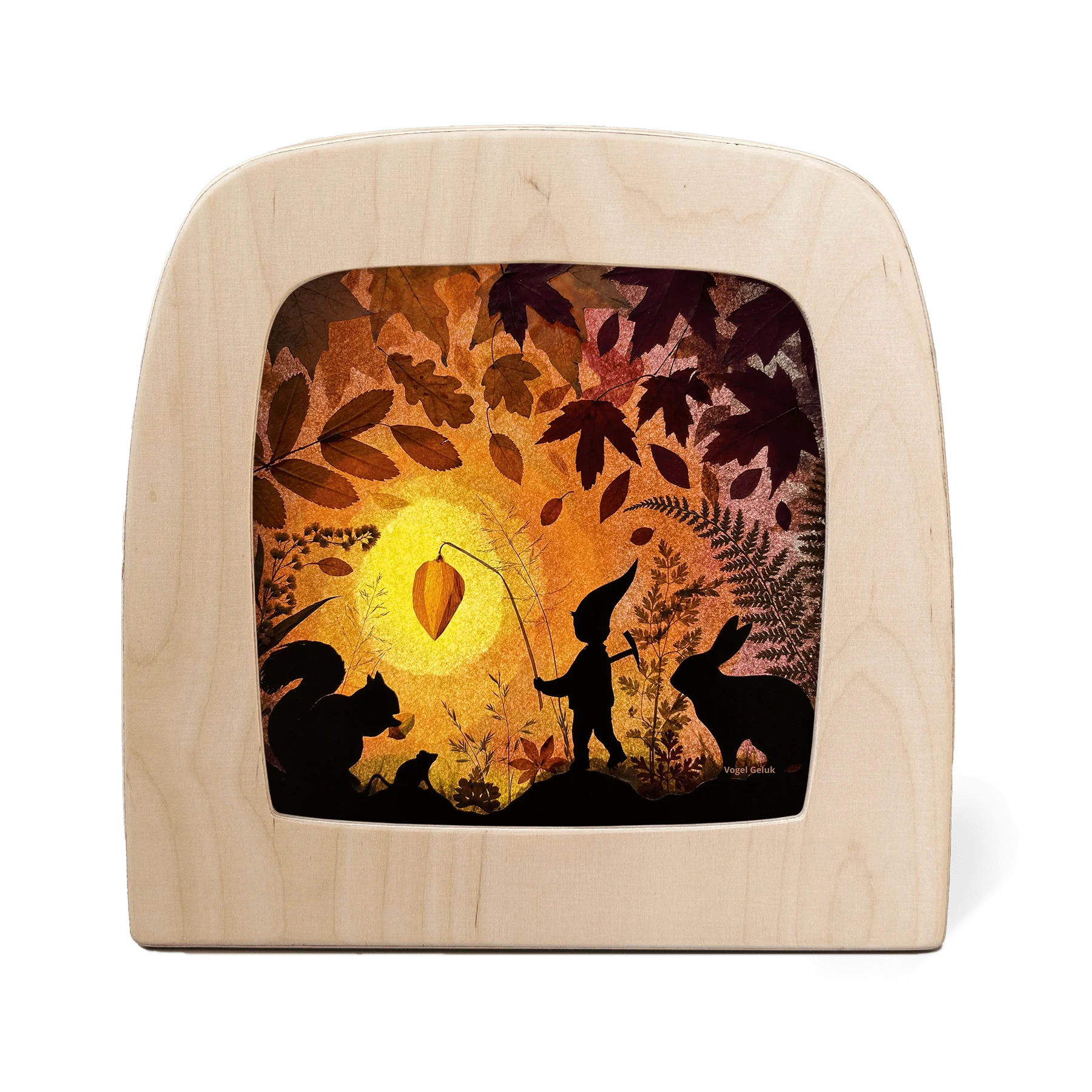 Toverlux Motiv Kleine Laterne – Silhouette mit Wichtel und leuchtender Lampionblume bei Sonnenuntergang, Vogel Geluk