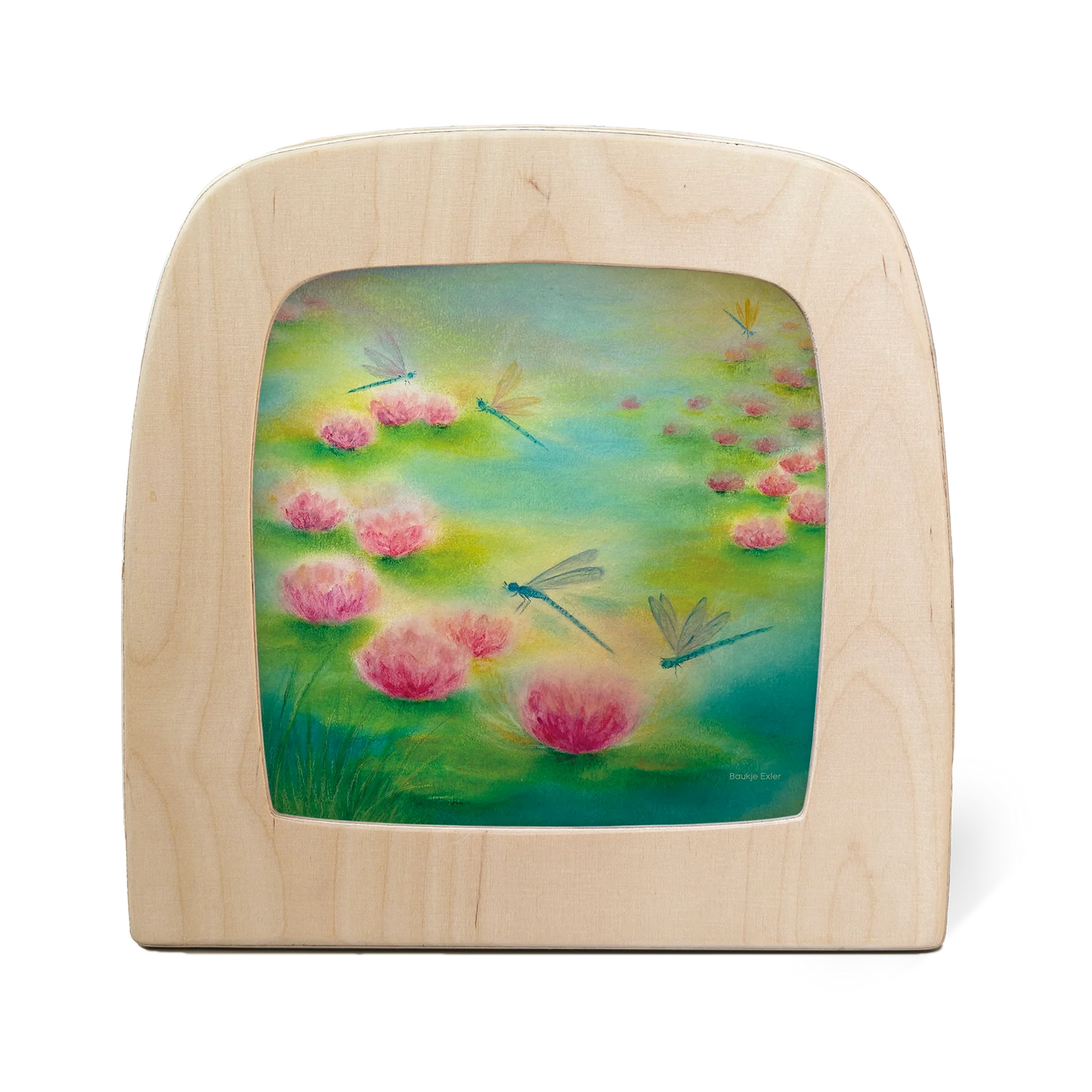 Toverlux Motiv Libellen – Silhouette mit Libellen über rosa Seerosen im Teich von Baukje Exler