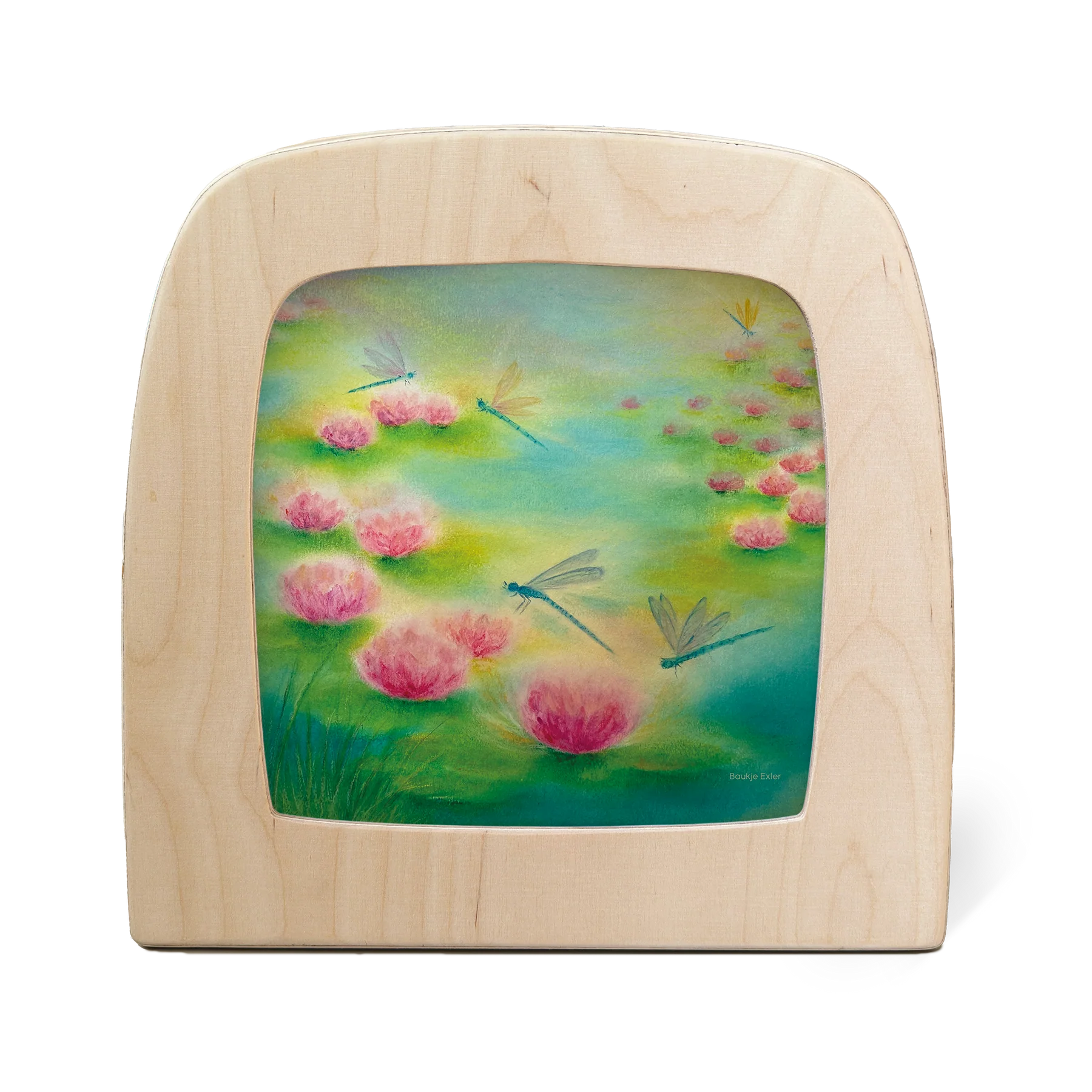 Toverlux Motiv Libellen – Silhouette mit Libellen über rosa Seerosen im Teich von Baukje Exler
