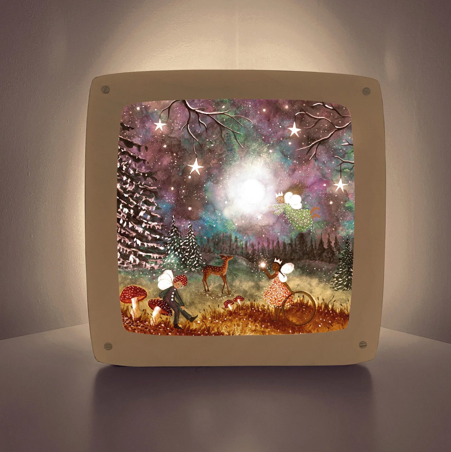 Toverlux Motiv Magische Zeit – Silhouette mit Feen, Reh und Vollmond am Sternenhimmel