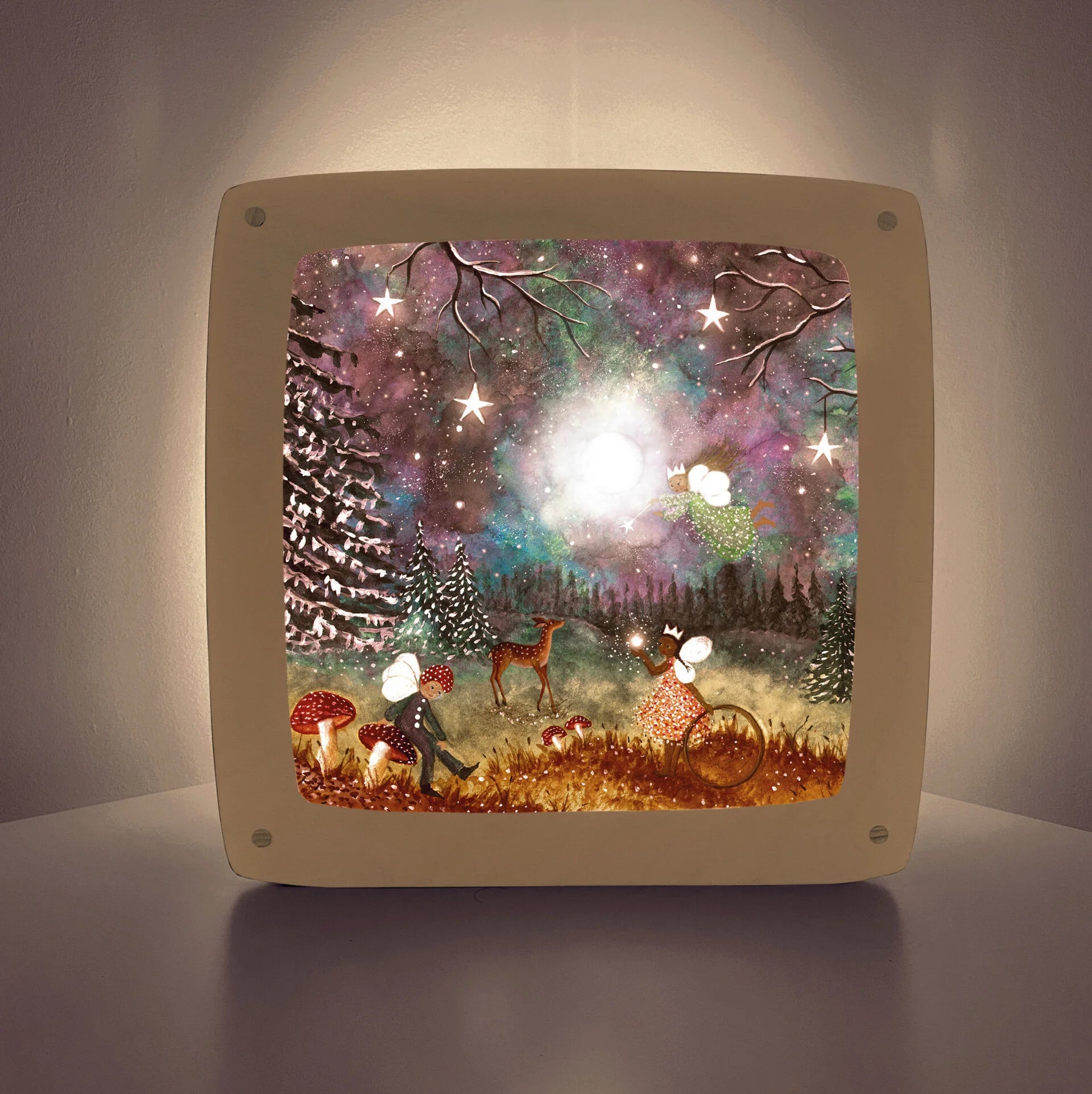 Toverlux Motiv Magische Zeit – Silhouette mit Feen, Reh und Vollmond am Sternenhimmel