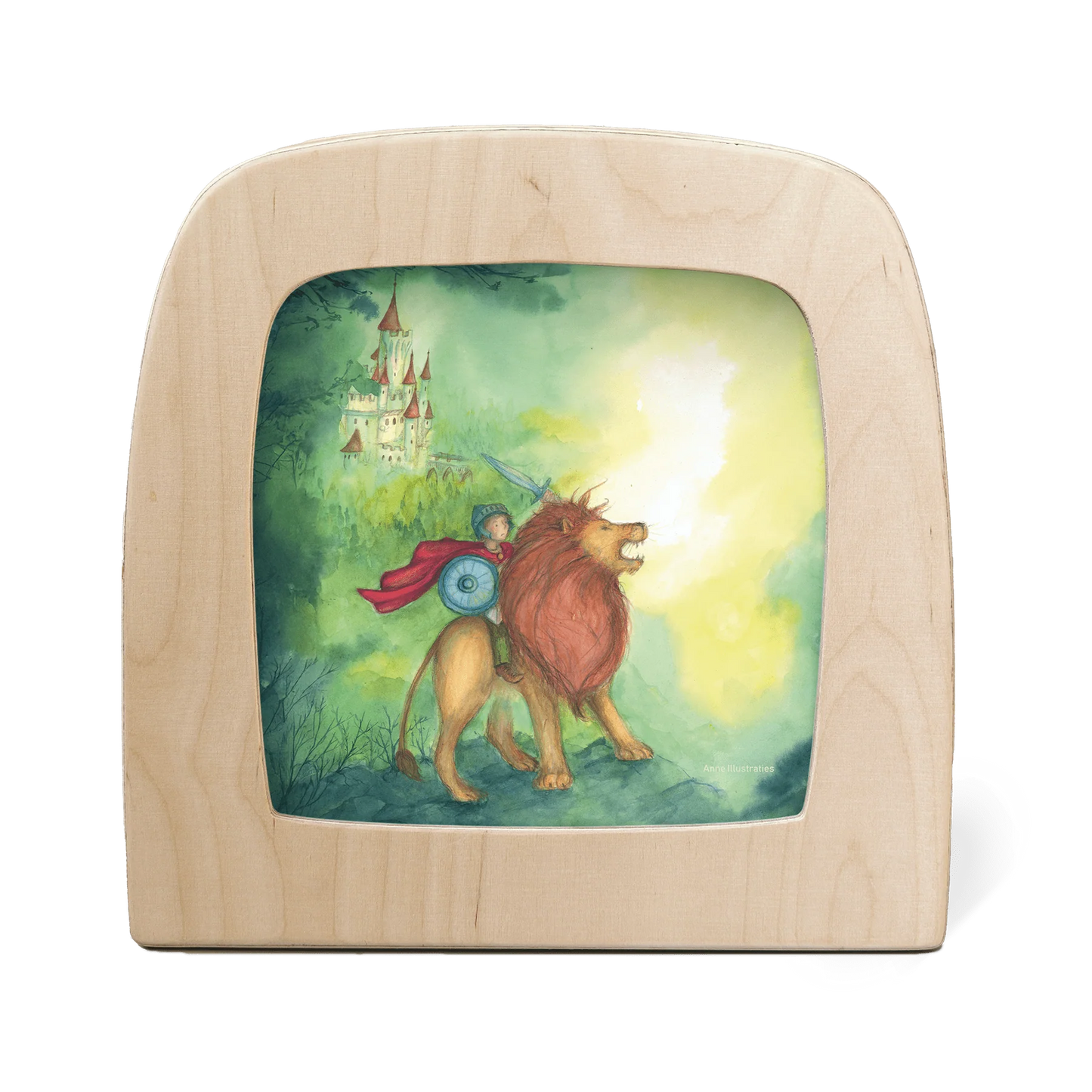 Toverlux Motiv Mutiger Ritter – Silhouette mit Ritter auf einem Löwen vor einer Burg von Anne Illustraties