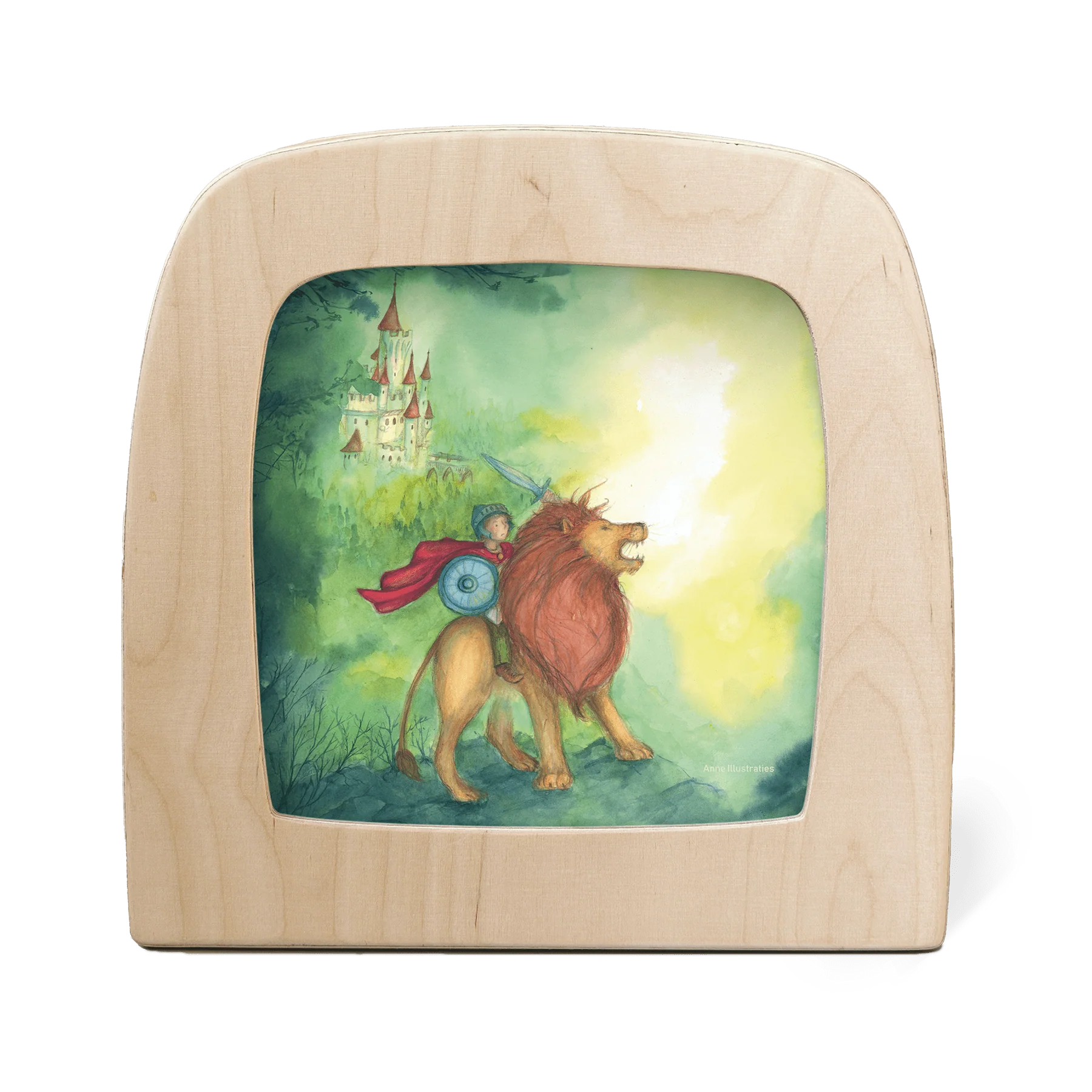 Toverlux Motiv Mutiger Ritter – Silhouette mit Ritter auf einem Löwen vor einer Burg von Anne Illustraties