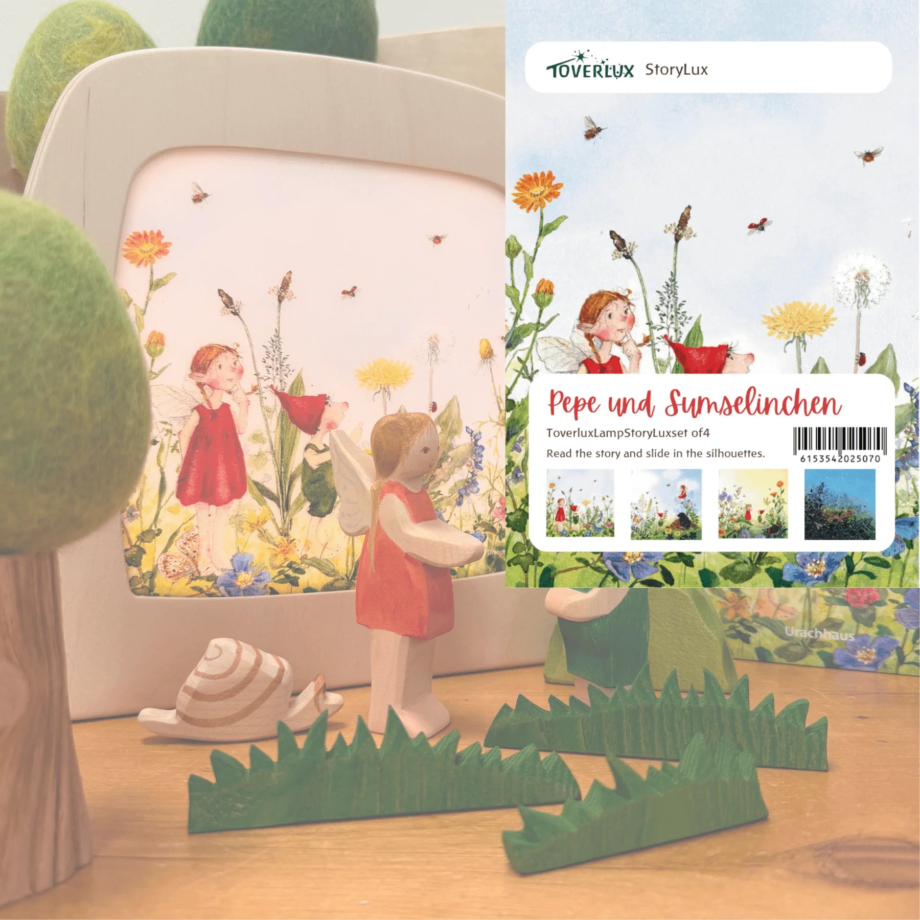 Verpackungskarte des Toverlux StoryLux-Sets Pepe und Sumselinchen mit vier Vorschau-Motiven