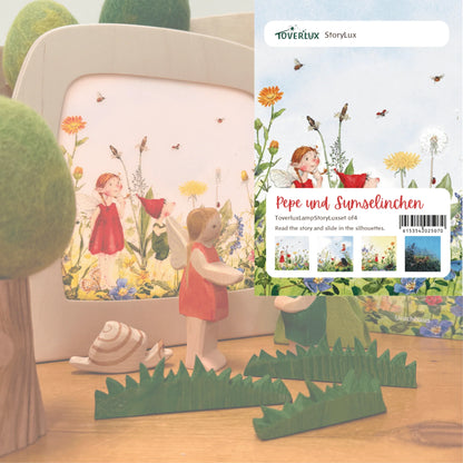 Verpackungskarte des Toverlux StoryLux-Sets Pepe und Sumselinchen mit vier Vorschau-Motiven